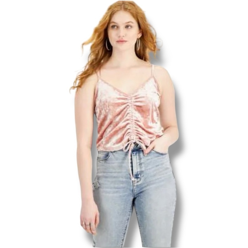 Hippie Rose Baby Pink Velour Ruched Drawstring Thin Straps Cropped Camisole Top